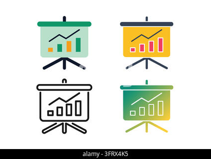 Vector icon set displaying presentation projection screens with bar charts and growth line graphs. Designed in flat, outline line art, and modern grad Stock Vector
