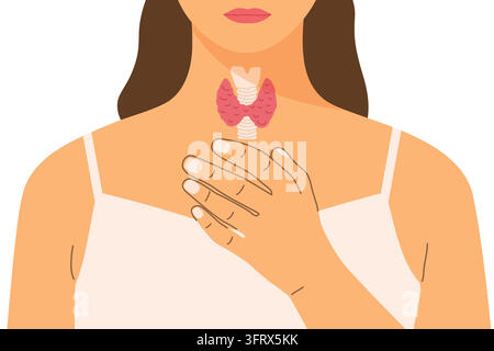 young woman touching the front of her neck with thyroid gland;  endocrine function, medical care, anatomy and health awareness - vector illustration Stock Vector