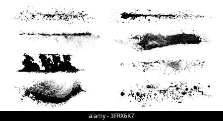 Black ink brush strokes collection with rough texture effects. Vector grunge patterns and charcoal silhouettes for graphic design projects and creative artwork. Dirty spots set and rough mascara paint Stock Vector