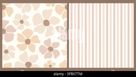 Hand drawn set of seamless patterns with abstract flowers and stripes. A beige color palette in a retro style. Decorative wallpaper and textile design. Stock Vector