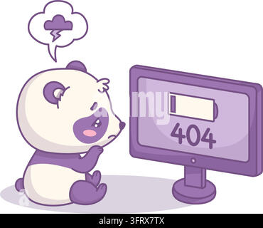 Sad Kawaii Panda Sitting with Low Battery and 404 Server Error on Screen Monitor. Cute Bear Mascot Character with Cloud Lightning Speech Bubble. Vecto Stock Vector