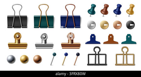 Realistic 3D office clips and pins collection. Vector metal paper binders, pushpins and stationery elements isolated on white background for business documents. Colorful thumbtacks and paperclips Stock Vector