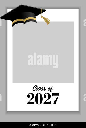 Class of 2027 Congratuations Graduates photo frame decoration. Congratulation Graduation selfie booth design with graduation hat and frame background Stock Vector