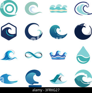 A clean flat illustration collection featuring various ocean wave symbols. Stock Vector