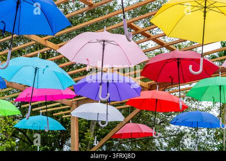 Street decorated with colored umbrellas, island Koh Phangan, Thailand. Hanging colorful umbrellas, on the outdoors Stock Photo