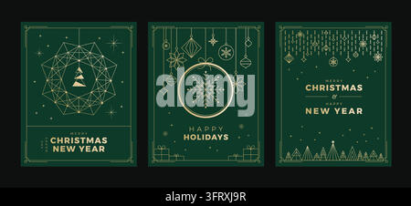 Christmas and New Year cards set with luxury green and gold backgrounds - elegant minimal vector geometric line art with art deco design elements for Stock Vector