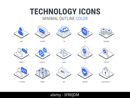 Technology icons set for infographics diagram - AI and data, AI agent, machine learning, API cloud integration, server, database, security - isometric Stock Vector