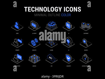 Technology icons set for infographics diagram - User, AI, database, server, cloud, development, cybersecurity - isometric vector minimal blue and whit Stock Vector
