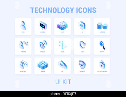 Technology icons UI kit - isometric dashboard grid with artificial intelligence, data, AI agent, machine learning, API, cloud integration, security - Stock Vector