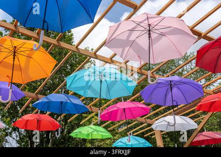 Street decorated with colored umbrellas, island Koh Phangan, Thailand. Hanging colorful umbrellas, on the outdoors Stock Photo