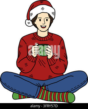 A man wearing a Santa hat drinking hot chocolate Stock Vector