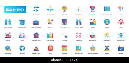 Colorful eco energy and recycling symbols showing renewable power, waste sorting, clean transport and environmental care themes black line icons set vector illustration Stock Vector