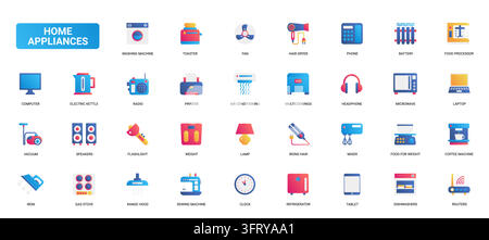 Colorful household appliances and consumer electronics symbols featuring kitchen, cleaning, climate and media devices for home technology themes gradient flat icons set vector illustration Stock Vector