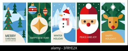 Geometric Christmas greeting cards. Merry Christmas and New Year modern abstract mosaic icons. Christmas tree, Christmas ornament and gift box. Vector illustration set. Stock Vector