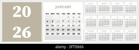 Vector calendar. Year 2026. Week starts on Sunday. Has 12 months. Calendar ready for printing. Stock Vector