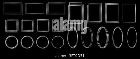Set of thin silver oval, round, square and rectangular frames isolated on black background. Shiny metallic borders. Foil design elements for banners, greeting or wedding cards. Vector illustration. Stock Vector