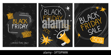 Set of Black Friday sale posters in doodle style. Black Friday discount templates. Vector illustration Stock Vector