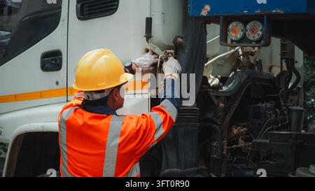 Male Asian technician wearing hardhat and safety vest inspecting heavy truck engine during routine maintenance check. vehicle repair and industrial lo Stock Photo