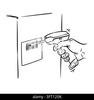Clean hand-drawn vector sketch illustration of a human hand holding a barcode scanner gun to read a tracking label on a cardboard package box. Ideal f Stock Vector