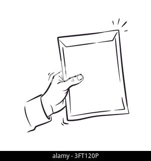 Clean hand-drawn vector sketch illustration of a human hand holding a blank mailing envelope or paper document package. Perfect for postal services, m Stock Vector