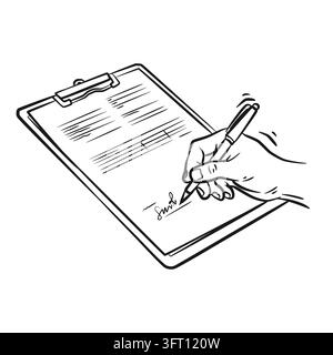 Clean hand-drawn vector sketch illustration of a human hand holding a pen and signing a delivery receipt form or contract document attached to a clipb Stock Vector