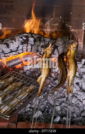 Skewered small fish roasting by the fire next to a grill basket in a wood-fired hearth Stock Photo