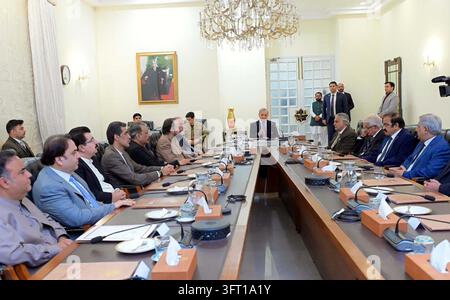 ISLAMABAD, PAKISTAN - 13-Oct-2026: Prime Minister Shehbaz Sharif convened a significant meeting in Islamabad with parliamentary delegations from the Pakistan Muslim League (PML-Q), Balochistan Awami Party (BAP), Istehkam-e-Pakistan Party (IPP), and Pakistan Muslim League (PML-Z) on Tuesday. This assembly focused on discussing the national agenda, highlighting collaboration among diverse political factions. The gathering in a formal conference room underscores the government's efforts toward fostering political unity and addressing pressing national issues. The meeting's outcome could influence Stock Photo