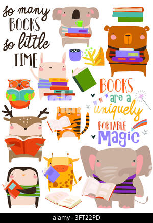 Cartoon Set With Funny Animals and Books Stock Vector