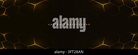 Dark abstract background with golden hexagonal honeycomb outlines and glowing highlights near the edges. Elegant black and gold geometric design with Stock Vector