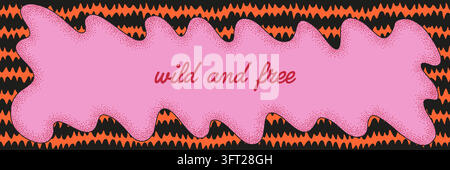Funky frame with groovy wavy border and dotted abstract shape on seamless background in pink and orange y2k colors. Groovy frame template for cards Stock Vector