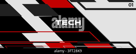 Futuristic technology banner with bold black, white and red diagonal shapes, layered lines and tech typography. High contrast geometric design for Stock Vector