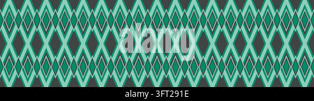 Repeating green and turquoise geometric pattern with interlocking diamonds, sharp zigzags and layered chevrons on dark gray. Harlequin-inspired Stock Vector