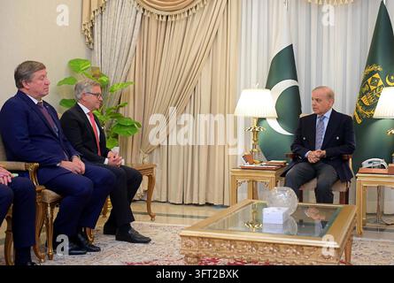 ISLAMABAD, PAKISTAN - 13-Oct-2026: Prime Minister Shehbaz Sharif engaged in discussions with Magnus Brunner, the European Union Commissioner for Internal Affairs and Migration, in Islamabad on Tuesday. The meeting focused on enhancing cooperation between Pakistan and the EU on migration policies and internal affairs. This dialogue is significant as it aims to strengthen bilateral relations and address migration-related challenges, which are crucial for both regions. The meeting took place in an ornate, well-lit room, reflecting the formal setting of their discussions. (Photo by Pakistan Press Stock Photo