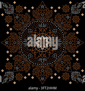 vector artwork features traditional Thai identity pattern arranged symmetrical mandala, lotus blossom dark center, surround ornate brown white kranok, Stock Vector