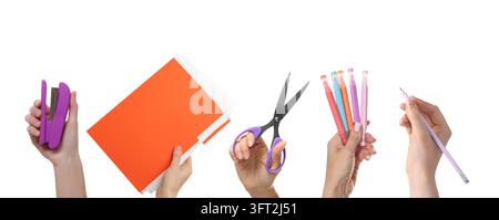 People holding various stationery, closeup. Collage on white background Stock Photo