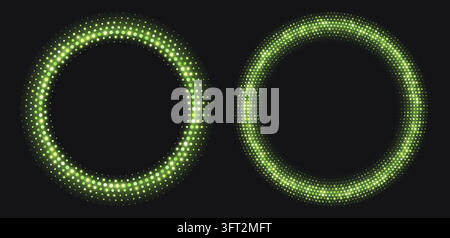 Green halftone frames, glowing circle borders, round pattern with dots, radial disco luxury design element. Stock Vector