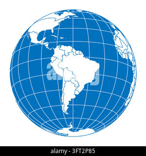 Earth globe with World map land and oceans focused on South America. Blue theme. Thick meridians and parallels as latitude and longitude grid and country borders. Country borders. Vector illustration Stock Vector