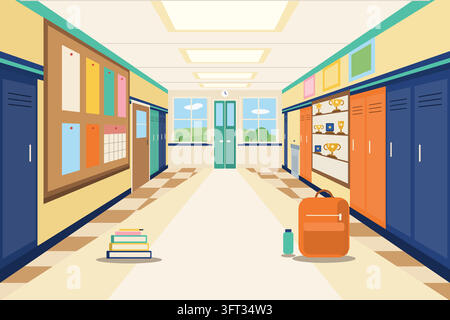 Illustrated empty school hallway with colorful lockers, a bulletin board, a trophy case and a backpack on the floor. Stock Vector