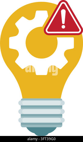 light bulb showing a gear mechanism and an exclamation warning icon to signal technical problem or innovation issue. Stock Vector