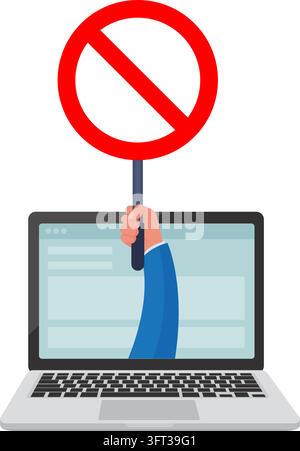 a hand reaches out from a laptop screen holding a red prohibition sign to show access denial or web restriction. Stock Vector