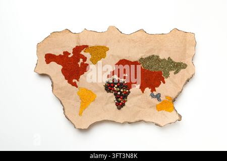 Map of world made from different kinds of spices Stock Photo