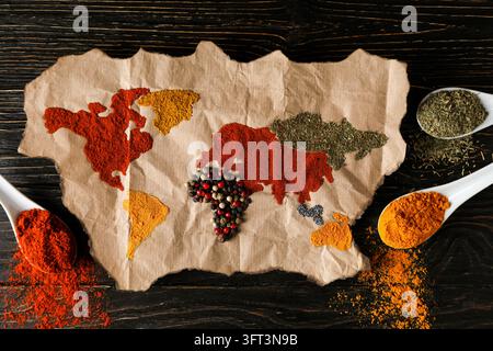 Map of world made from different kinds of spices Stock Photo