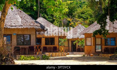 Beach bungalows standing among lush palm trees and tropical jungle on Koh Ngai, Thailand, vacation rental background, travel agency marketing, island Stock Photo