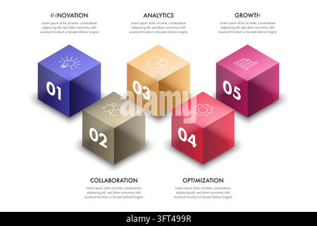 3D Isometric Cube Block Business Infographic with 5 Steps Stock Vector