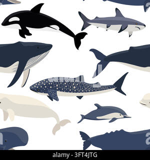 vector drawing seamless pattern with ocean fishes at white background, hand drawn illustration Stock Vector