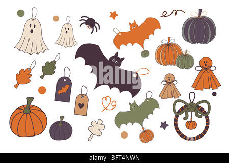 Vector Halloween set of paper crafts with pumpkins, bats, cute ghosts and festive garlands Stock Vector