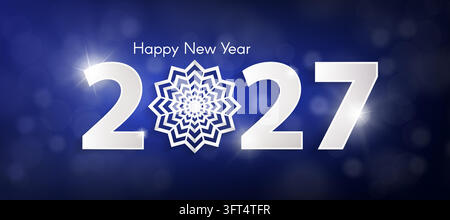 Shiny pink silver Happy New Year 2027 concept with paper origami white numbers and snowflake. Christmas and Chinese New Year decor on blue and black b Stock Vector