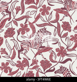 Seamless faux embroidery zebra and floral pattern. Bohemian stitched tapestry effect featuring a wild zebra and large botanical blooms in burgundy Stock Vector