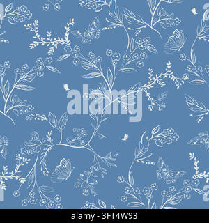Seamless delicate botanical floral and butterfly pattern. Hand-drawn line art featuring trailing vines, small meadow blossoms, and elegant butterflies Stock Vector