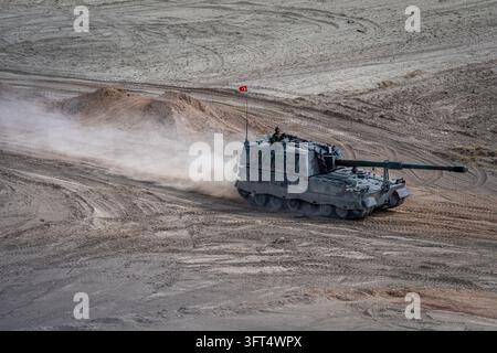 Turkey Rocket Ranges Land Forces T-155 F?rt?na self-propelled howitzers maneuver across the ...